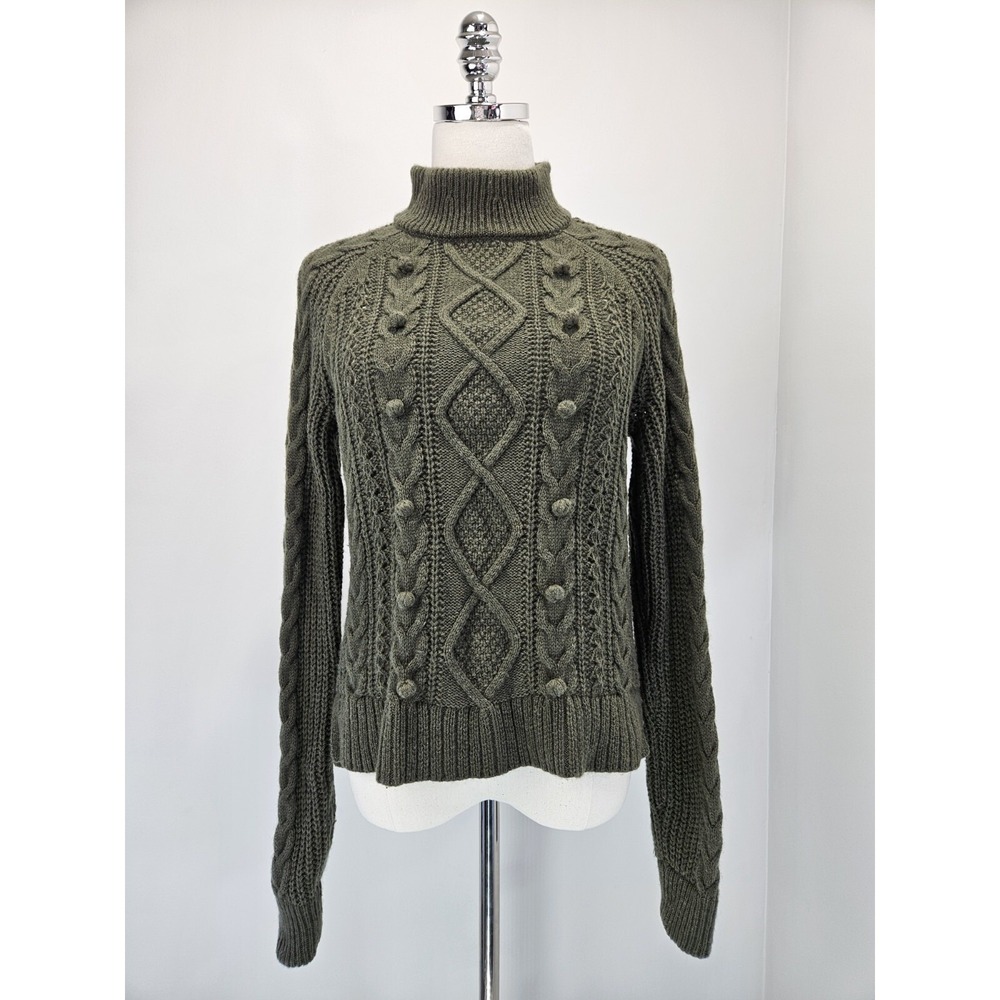 J Crew Azra Pom Pom Cable Knit Sweater Olive Green Mock Neck Preppy size Small